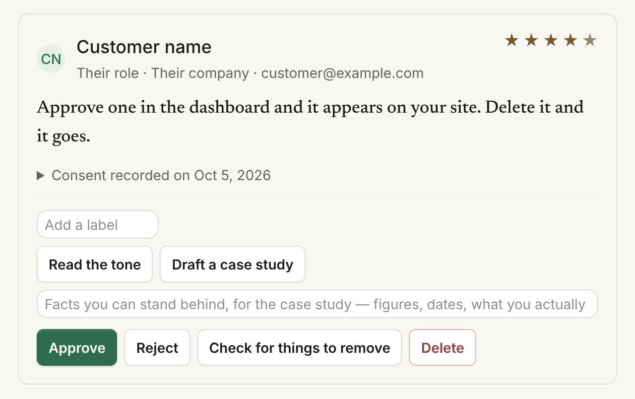 A pending testimonial in the Hazelsong dashboard, with the date its permission was recorded and the buttons Approve, Reject, Check for things to remove and Delete.