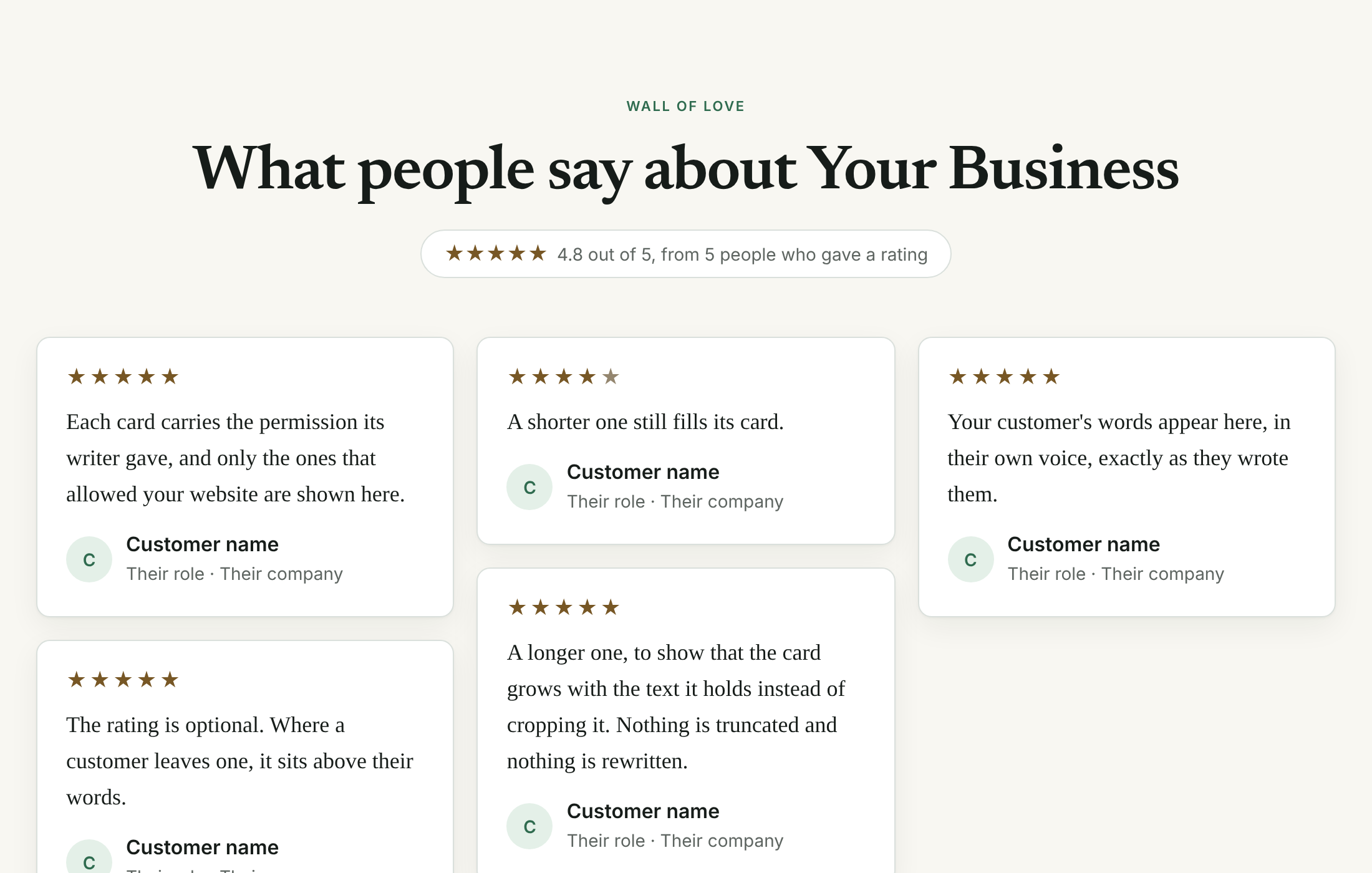 A Hazelsong Wall of Love: the heading What people say about Your Business, the average rating from the people who gave one, and a grid of testimonial cards each with its stars, its words and its writer's initial, role and company.