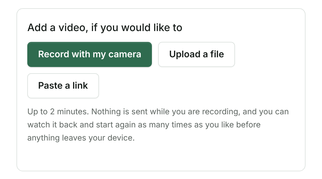 The video panel on the collection page, with three buttons: Record with my camera, Upload a file and Paste a link.